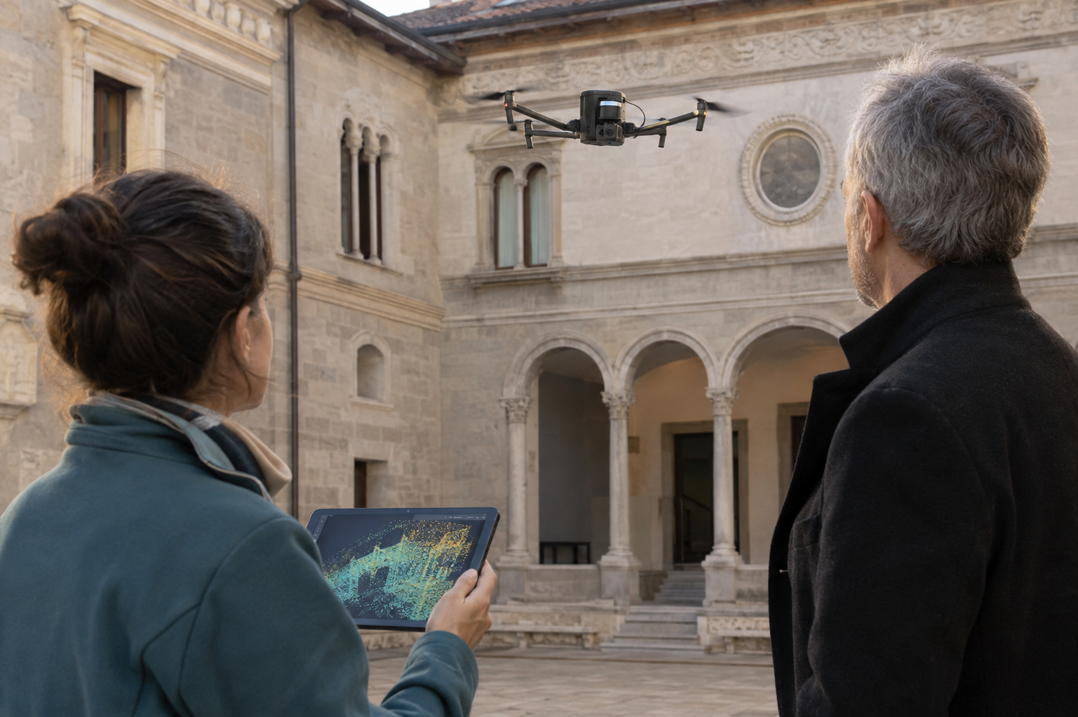 Professionisti osservano un drone LiDAR durante il rilievo di una corte storica