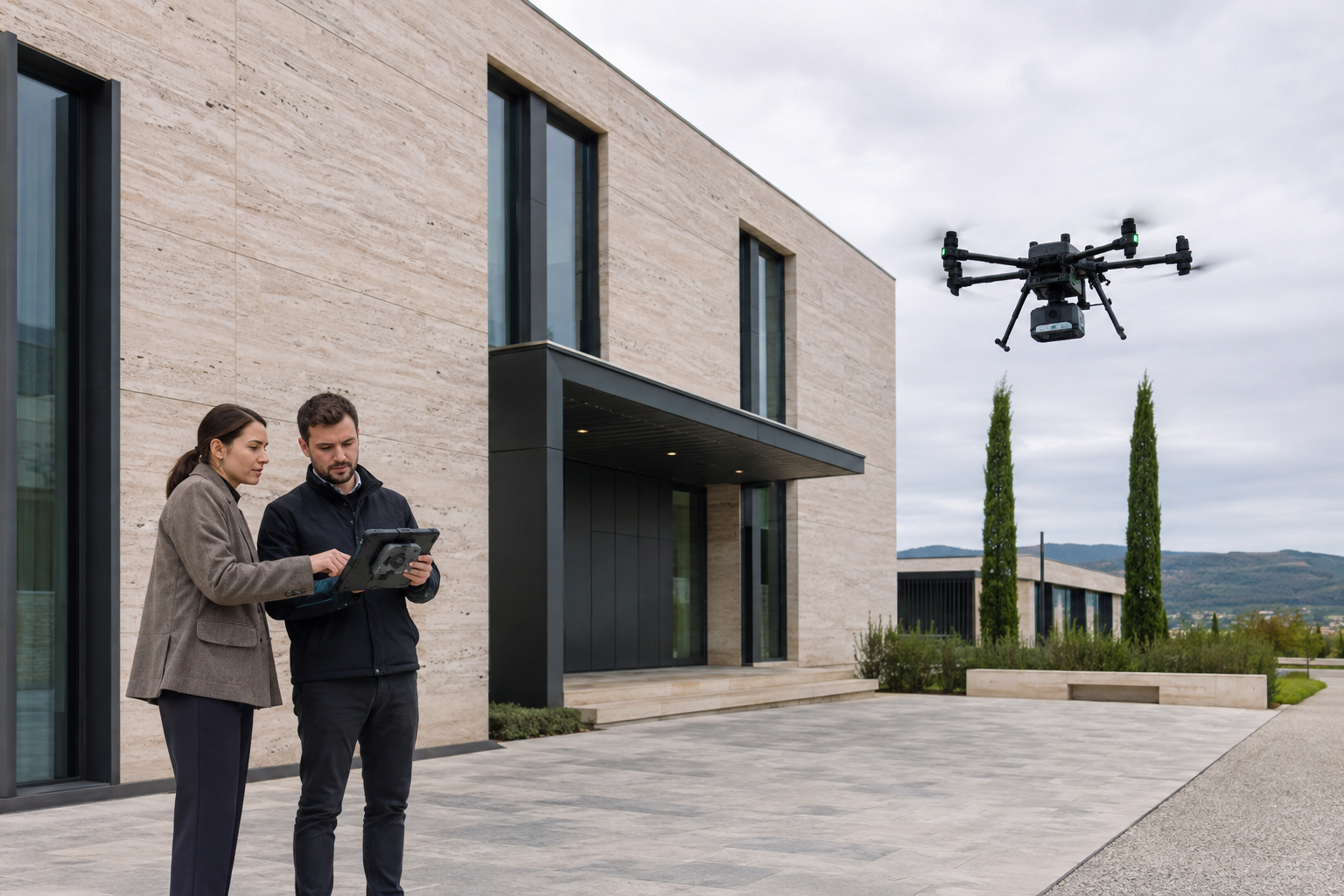 Architetti seguono il rilievo LiDAR di un edificio contemporaneo eseguito con un drone